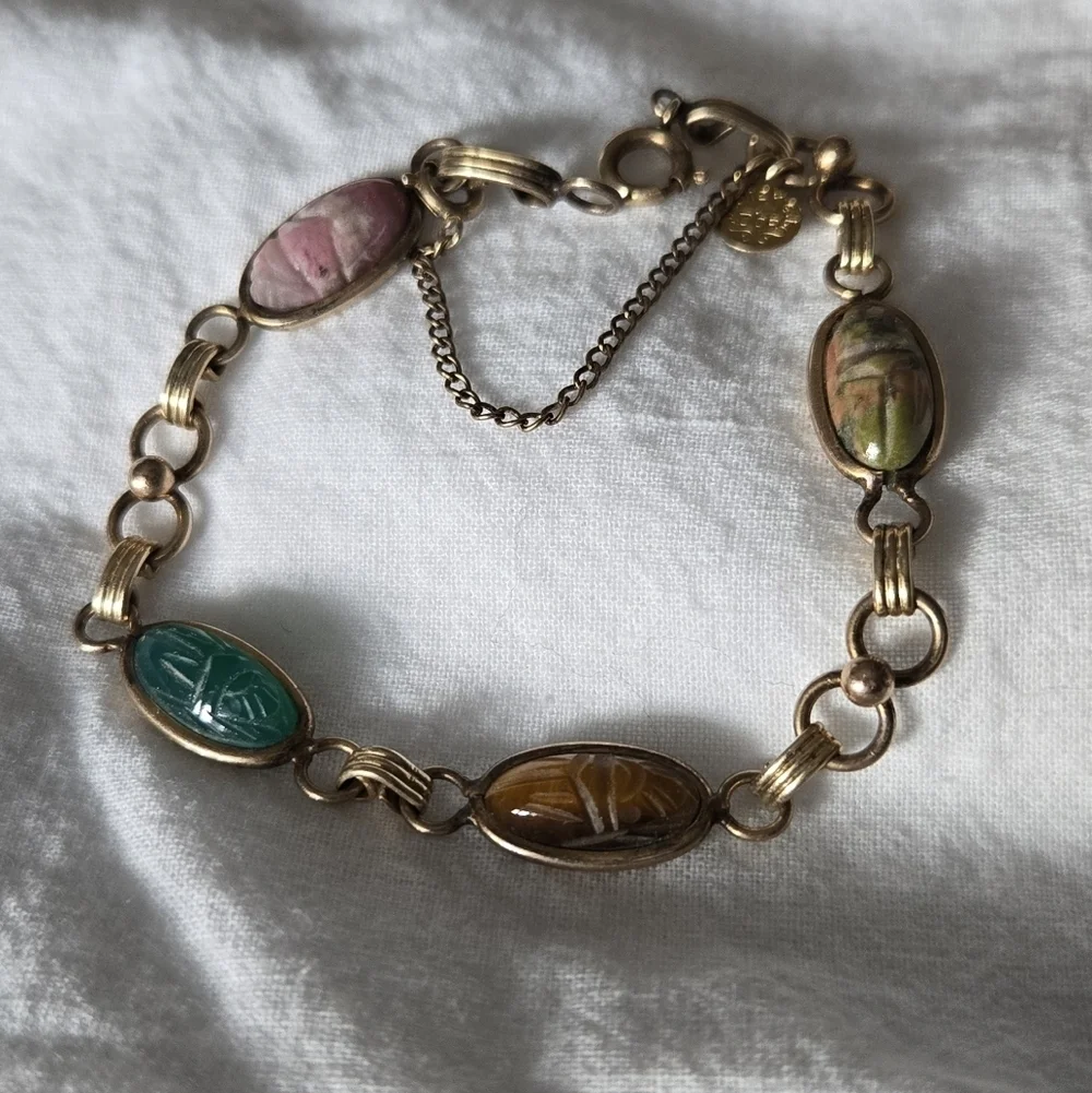 VTG D'or 1/20 12k G F Multicolor Gems Scarab Bracelet